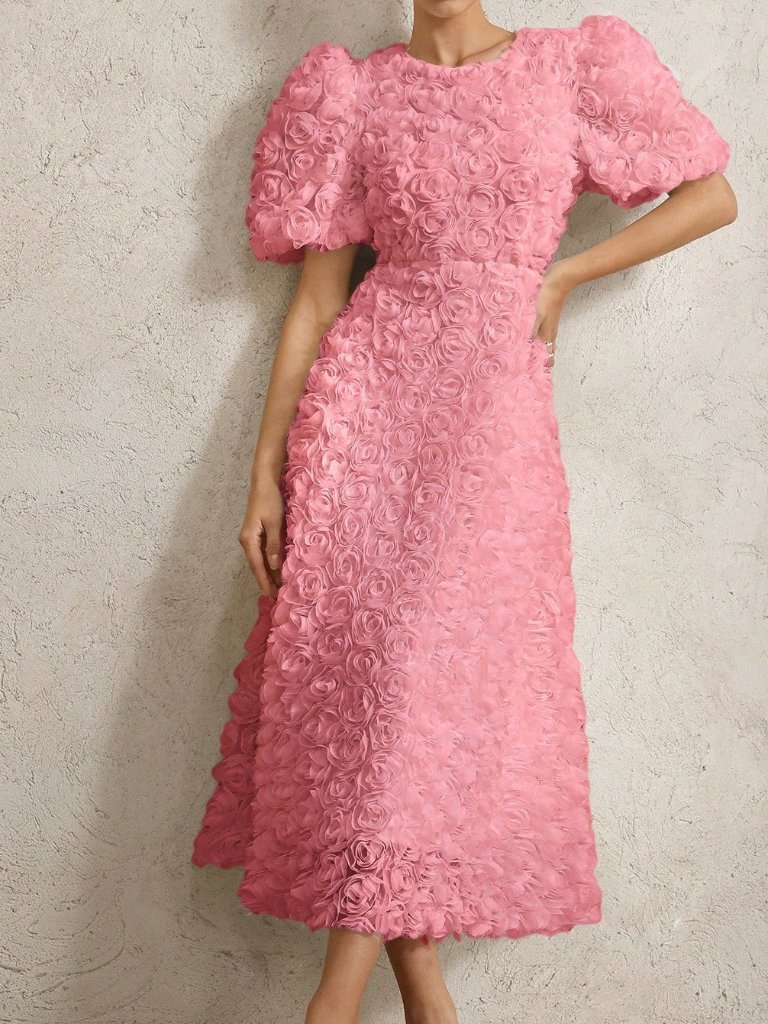 Pink Elegant Women's 3d Rose V-Neck Puff Sleeve Waist-Fitted Extra Long Dress